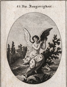 Allegorie de curiosite represented with a drapery dotted with ears and eyes The wings elevated Engraving in “” Iconologie oder Ideen aus dem Gebiete der Leidenschaften und Allegorien bildich dargestellt fur Zeichner, Mahler, Dichter, Gelehrte, Erzieher und av Austrian School