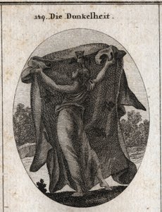 Allegory of Darkness. It extends a dark veil with which it prevents the penetration of light. Its attributes are the owl and other night birds. Engraving in “” Iconologie oder Ideen aus dem Gebiete der Leidenschaften und Allegorien bildich dargestellt fur  av Austrian School
