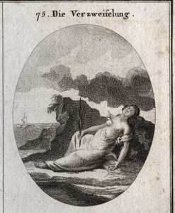 Allegory of Desperation depicts a dagger in the breast and a branch of cypers in the hand (tree that once adorned the tombs). The breeze compas is the emblem of the disorder of thought. Engraving in “” Iconologie oder Ideen aus dem Gebiete der Leidenschaft av Austrian School