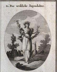 Allegory of adolescence (teenage girl) represented by a young woman with a crown and a garland of flowers to denote happy fellicite. The peacock understands the love of adornment. His foot is placed on a sand clock (hourglass). Engraving in “” Iconologie o av Austrian School