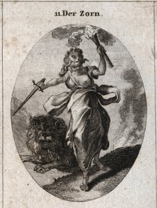 Allegori om sinne representert i en rastløs holdning, et bind for øynene, et sverd og en fakkel i hendene. Den er kledd med bjørneskinn og løven bak den er furiositt. Gravering i "" Iconologie oder Ideen aus dem Gebiete der Leidenschaften und Allegorien av Austrian School
