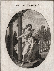 Allegori om frekkhet som omfavner en søyle som støtter en bygning, mens du prøver å få den ned; Gravering i "" ikonologi eller ideer fra feltet lidenskaper og allegorier avbildet for tegnere, malere, poeter, lærde, lærere av Austrian School
