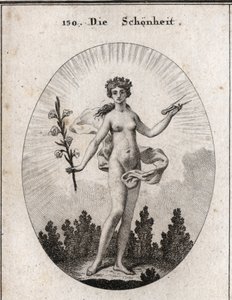 Allegory of beauty. The compas is the emblem of the accuracy of proportions. The lily is the symbol of beauty. Engraving in “” Iconologie oder Ideen aus dem Gebiete der Leidenschaften und Allegorien bildich dargestellt fur Zeichner, Mahler, Dichter, Gelehr av Austrian School