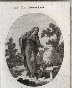 Allegory of bitterness. She looks sadly at an absynth plant that germinated in a honey hive. Engraving in “” Iconologie oder Ideen aus dem Gebiete der Leidenschaften und Allegorien bildich dargestellt fur Zeichner, Mahler, Dichter, Gelehrte, Erzieher und f av Austrian School