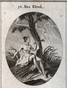 Allegory of calamite. She sits on breezes whose fragility is the image of the instability of fortune and the miseries of life. Engraving in “” Iconologie oder Ideen aus dem Gebiete der Leidenschaften und Allegorien bildich dargestellt fur Zeichner, Mahler, av Austrian School