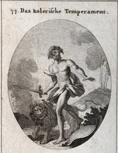 Allegory of coleric complexion. He holds a sword to attack and just threw his shield forgetting to defend himself. His attribute and a threatening lion. Engraving in “” Iconologie oder Ideen aus dem Gebiete der Leidenschaften und Allegorien bildich dargest av Austrian School