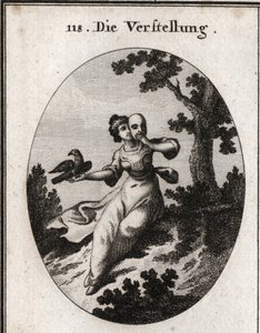 Allegori om fortielse. Hun dekker ansiktet med en maske, emblem på den falske. Dens egenskap er en skjære, både hvit og svart, og dens kjærtegn er blandet med nebb. Gravering i "" Iconologie oder Ideen aus dem Gebiete der Leidenschaften und Allegorien av Austrian School