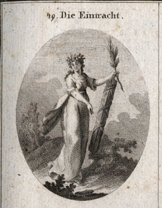 Allegori av enighet representert med en krone av granater emblem av union. Olivengrenen og et symbol på fred og bjelken av meter som er tett knyttet sammen, markerer kraften til forente krefter. Gravering i "" Iconologie oder Ideen aus dem Gebiete der Leid av Austrian School