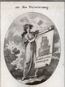 Allegory of confusion holding a drawing representing the Tower of Babel with this word “Babylonia Undique””. The background represents chaos and her hair does not fit the instability of her fantasies. Engraving in “” Iconologie oder Ideen aus dem Gebiete d av Austrian School