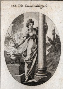 Allegory of constancy. She holds a sword over a burning fire. The column it embraces is the attribute of the farm. Engraving in “” Iconologie oder Ideen aus dem Gebiete der Leidenschaften und Allegorien bildich dargestellt fur Zeichner, Mahler, Dichter, Ge av Austrian School