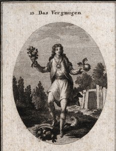 Allegori om tilfredshet representert av en ung mann som holder et gyllent eple med den ene hånden og en blomsterbukett på den andre. De viser at alt som omgir ham deltar i gleden hans, som symboliseres av rubinen som stråler på brystet hans. Det er av Austrian School