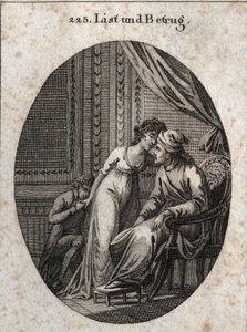 Allegori om list og bedrag. Uttrykk: Hvem gir deg flere kjærtegn enn vanlig, det er et tegn på at han har lurt deg eller at han vil lure deg. Gravering i "" Iconologie oder Ideen aus dem Gebiete der Leidenschaften und Allegorien bildich av Austrian School