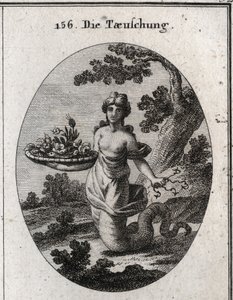 Allegori om bedrag. Blant blomstene i kurven er en slange. Hun holder cacher bak seg flere hamecons. Bena hennes ender i en slangehale for å vise at hun kryper for å nå målene. Gravering i "" Iconologie oder Ideen aus dem Gebiete der Leidenschaf av Austrian School