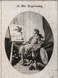 Allegori om behag representert av en ung mann som holder en lyre nær et maleri med frukt, bøker, våpen og to kolombenter som kjærtegner hverandre, alt symboliserer sansenes sjarm. Gravering i "" Iconologie oder Ideen aus dem Gebiete der Leid av Austrian School