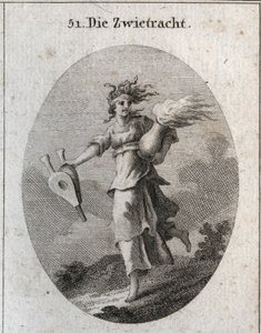 Allegori om uenighet. Håret hennes er formet av hoggormer og pannen er en blodig bandasje. En belg i den ene hånden og i den andre en vase med ild. Gravering i "" ikonologi eller ideer fra feltet lidenskaper og allegorier avbildet for Z av Austrian School