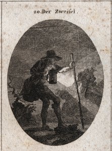 Allegori om tvil representert ved en ung mann som går gjennom mørket med en lykt og en båt som han hjelper til med å finne veien gjennom flere stier fylt med steiner. Gravering i "" Iconologie oder Ideen aus dem Gebiete der Leidenschaften und Allegor av Austrian School