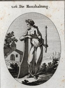 Allegori om økonomi. Den er kronet med en olivengren som symboliserer fred. Den lener seg på et ror og holder et septer og kompas, maktemblemer og den eksakte regjeringen. Gravering i "" Iconologie oder Ideen aus dem Gebiete der Leidenschaften und Allego av Austrian School
