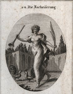 Allegory of emulation. The trumpet and palm symbolize the reward attributed to the merite. The attributes are two cockers ready to fight. Engraving in “” Iconologie oder Ideen aus dem Gebiete der Leidenschaften und Allegorien bildich dargestellt fur Zeichn av Austrian School