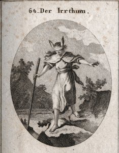 Allegori om feil i en svimlende holdning med bind for øynene og eselører for å markere at blindhet og uvitenhet er kildene til feil. Hun er på vei mot et stup og tarver med pinnen. Gravering i "" Iconologie oder Ideen aus dem Gebiete der av Austrian School
