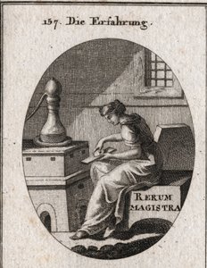 Allegori om erfaring som er et resultat av studier og tid. Hun prøver gull på en nøkkelplate. Gravering i "" ikonologi eller ideer fra feltet lidenskaper og allegorier avbildet for tegnere, malere, poeter, lærde, lærere og av Austrian School