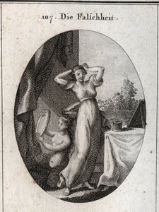 Allegory of falsehood. Her emblem is a siren looking at herself in a mirror. Engraving in “” Iconologie oder Ideen aus dem Gebiete der Leidenschaften und Allegorien bildich dargestellt fur Zeichner, Mahler, Dichter, Gelehrte, Erzieher und freunde Hoherer G av Austrian School