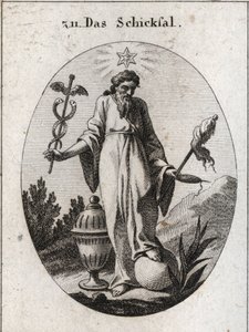 Allegory of fate. A star above it eoects reports of astrology on incidents of human life. He holds with one hand a deciduous symbol of his power and on the other a cattail symbol and a fiuseau whose broken thread indicates the fragility of life. The land h av Austrian School