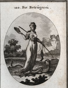 Allegori om svindel representert med et dobbelt hjerte og holder en maske. Hun holder en fiskestang som bet en fisk. Bena hennes ender i gribbeklør og hun har en skorpionhale. Hans attributt er en slange med et menneskelig ansikt. Gravering i "" Iconologie av Austrian School