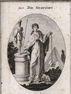 Allegori om tyngdekraften. Gullkjeden som et papir er festet til symboliserer tillit. Søylen og statuen betyr bevaring av strålende handlinger og steinen angir vektingen. Gravering i "" Iconologie oder Ideen aus dem Gebiete der Leidenschaften av Austrian School