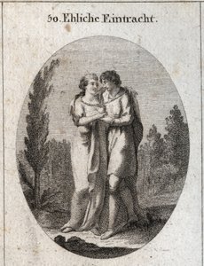 Allegori om harmoni i ekteskapet. Et par kysser, en gullkjede henger rundt halsen og et hjerte som de støtter hver med én hånd. Gravering i "" ikonologi eller ideer fra feltet lidenskaper og allegorier avbildet for tegning av Austrian School