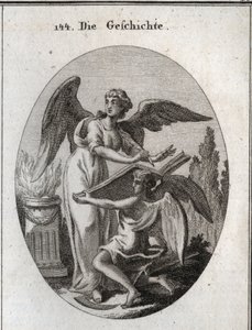 Allegory of history. His actions of listening and writing on a great book supported by time means the action of being informed to retranscribe the memory of past things. Engraving in “” Iconologie oder Ideen aus dem Gebiete der Leidenschaften und Allegorie av Austrian School