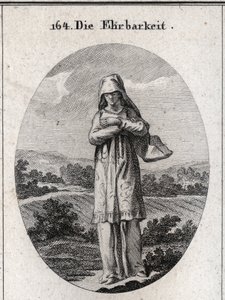 Allegori om ærlighet. Øynene hennes er dekket av et slør som skjuler halve ansiktet hennes fordi øynene er sjelens speil og den første sansen hun forderver seg med. Gravering i "" Iconologie oder Ideen aus dem Gebiete der Leidenschaften und Allegor av Austrian School