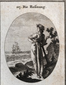 Allegori om håp hviler på et anker og observerer et skip i horisonten. Gravering i "" ikonologi eller ideer fra feltet lidenskaper og allegorier avbildet for tegnere, malere, poeter, lærde, lærere og venner av høyere historie av Austrian School