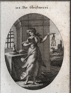 Allegory of hypocrisy holding a prayer book and discipline (swift, whip). The trumpet she has on her shoulder marks that she publishes her good works with emphasis. Engraving in “” Iconologie oder Ideen aus dem Gebiete der Leidenschaften und Allegorien bil av Austrian School