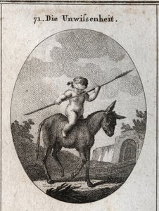 Allegory of ignorance represented by a child rides on a donkey, his eyes strips with a reed cane (symbolizing the empty brain). Engraving in “” Iconologie oder Ideen aus dem Gebiete der Leidenschaften und Allegorien bildich dargestellt fur Zeichner, Mahler av Austrian School