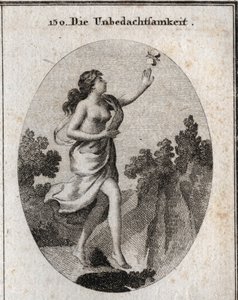 Allegory of inconsideration. She walks looking at a butterfly without seeing that there is a precipice at her feet. The compas and the rules show that she doesn