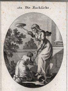 Allegori om overbærenhet. Hun troppet under føttene buntene og øksen som liktorene bar blant romerne. Hun holder en hevet frakk og rekker frem hånden til en slave som legger føttene på kne. Gravering i "" Iconologie oder Ideen aus dem Gebiete der Le av Austrian School