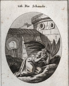 Allegori om beryktelse som dekker ansiktet med hender og dets attributter er to store svarte vinger av flaggermus (flaggermus). Gravering i "" ikonologi eller ideer fra feltet lidenskaper og allegorier avbildet for tegnere, malere, poeter, lærde, av Austrian School