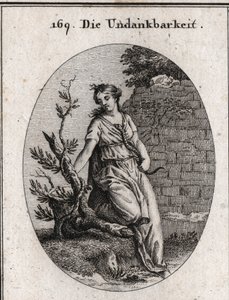 Allegory of ingratitude. A woman who heats a snake in her breast gets bitten. The ivy branch is the symbol of ingratitude as it destroys itself which serves as a support to rise. Engraving in “” Iconologie oder Ideen aus dem Gebiete der Leidenschaften und  av Austrian School