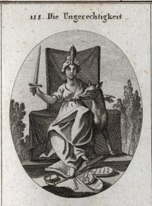 Allegory of injustice. She holds a sword that she rises and croweth at her feet the tables of divine laws and the book of human voices and the scales of justice that are broken. The wolf is the symbol of cruelty of rapine and greed. Engraving in “” Iconolo av Austrian School