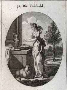 Allegory of innocence crowned with palm to mark that time makes her triumph over the slander that wants to oppress her. Its symbol is the lamb. Hand washing serves to publicly exonerate themselves from false accusations. Engraving in “” Iconologie oder Ide av Austrian School
