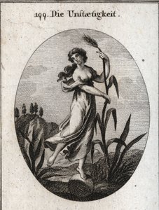 Allegory of instability stirred by the wind. It leans with both hands on a fragile reed and is placed only one foot on a ball. Engraving in “” Iconologie oder Ideen aus dem Gebiete der Leidenschaften und Allegorien bildich dargestellt fur Zeichner, Mahler, av Austrian School