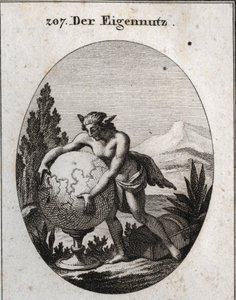 Allegori av interesse med ulveskinn. Han klemmer en jordklode. Dette emblemet betyr at grådighet er interesserte menneskers egen. Gravering i "" ikonologi eller ideer fra lidenskapens og allegorienes rike avbildet for Zeichner, Mahler, Dic av Austrian School