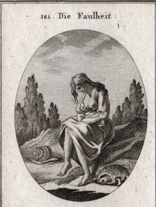 Allegori om latskap. Hun holder armene i kors. Egenskapen hans er en skilpadde og en snegl. Gravering i "" ikonologi eller ideer fra feltet lidenskaper og allegorier avbildet for tegnere, malere, poeter, lærde, lærere og fr av Austrian School
