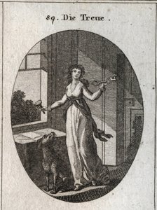 Allegory of loyalty whose symbols are the key, the seal and the dog. Engraving in “” Iconologie oder Ideen aus dem Gebiete der Leidenschaften und Allegorien bildich dargestellt fur Zeichner, Mahler, Dichter, Gelehrte, Erzieher und freunde Hoherer Geschmack av Austrian School