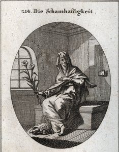 Allegori om beskjedenhet. Symbolet er en gren av liljer og en skilpadde som betyr at beskjedne kvinner må fjernes fra hjemmene sine. Ansiktet hans er dekket av et slør. Gravering i "" Iconologie oder Ideen aus dem Gebiete der Leidenschaften und Allegorien  av Austrian School