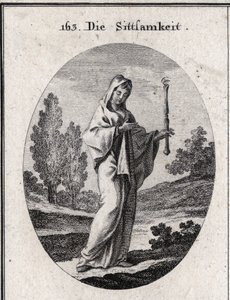 Allegory of modesty. She holds a sceptre above which is an eye that means that modesty must be far-sighted about itself. Engraving in “” Iconologie oder Ideen aus dem Gebiete der Leidenschaften und Allegorien bildich dargestellt fur Zeichner, Mahler, Dicht av Austrian School