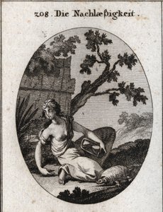 Allegory of negligence. She holds a clock with an overturned sand (hourglass). The torute is the emblem of slowness. Engraving in “” Iconologie oder Ideen aus dem Gebiete der Leidenschaften und Allegorien bildich dargestellt fur Zeichner, Mahler, Dichter,  av Austrian School