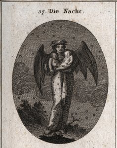 Allegori om natten representert med flaggermusvinger (flaggermus). Hun holder to barn i søvn, det ene hvitt og det andre svart (drøm og mareritt). Gravering i "" ikonologi eller ideer fra feltet lidenskaper og allegorier avbildet for tegnere av Austrian School