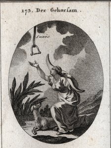 Allegory of obedience. She holds a yoke on her shoulders and moves forward to receive a brake that descends from the open sky in which the word “soft”” is read. The dog is his attribute. Engraving in “” Iconologie oder Ideen aus dem Gebiete der Leidenschaf av Austrian School