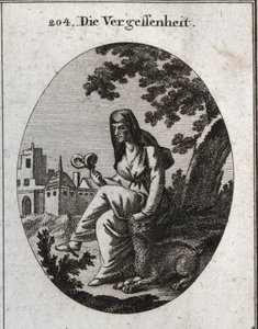 Allegory of oblivion. She holds a mandrake plant, powerful narcotic. The lynx is the animal dedicated to Bacchus. Engraving in “” Iconologie oder Ideen aus dem Gebiete der Leidenschaften und Allegorien bildich dargestellt fur Zeichner, Mahler, Dichter, Gel av Austrian School